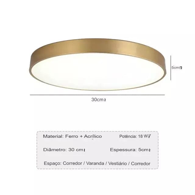Luminária de Teto Decorativa Dourada Redonda LED